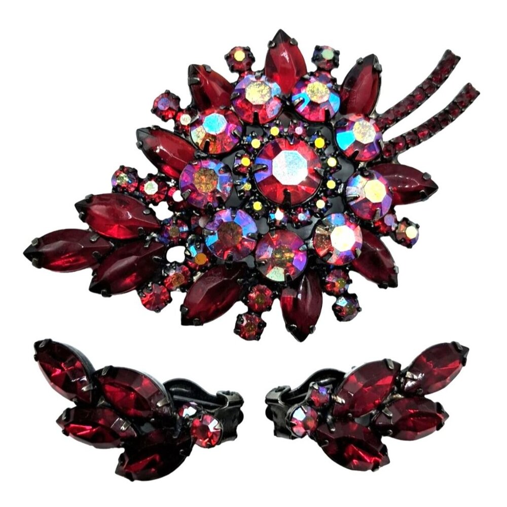 Juliana Brooch Earring Set Red Aurora Borealis Rhinestone Vintage D&E